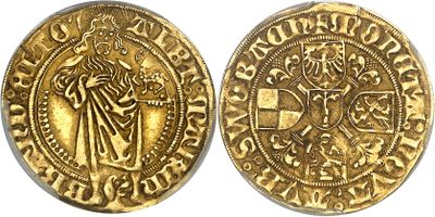 a gold coin with an image of a man holding a sword