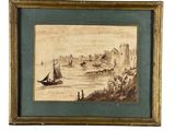 une vieille photo représentant un tableau où l'on voit un bateau sur l'eau