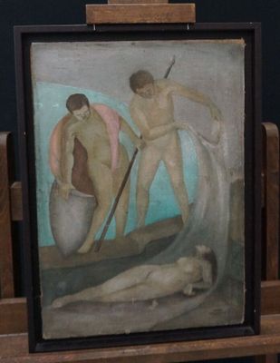 un tableau représentant un homme et une femme posé sur un chevalet