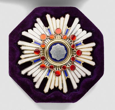 a purple velvet case with a gold and blue broochle