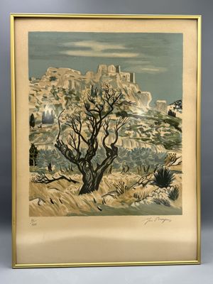 une peinture à l'huile représentant un paysage désertique avec un arbre au premier plan