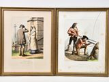 two framed pictures of a man with a gun and a woman with a dog