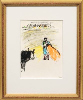 tableau représentant un taureau et un homme avec une planche de surf