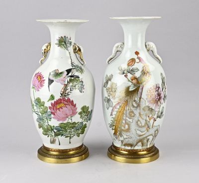 paire de vases chinois avec des oiseaux et des fleurs peints dessus