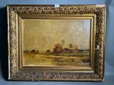 une peinture à l'huile représentant un paysage avec des arbres et une rivière