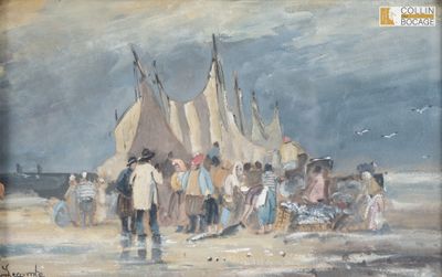 une peinture représentant un groupe de personnes sur la plage