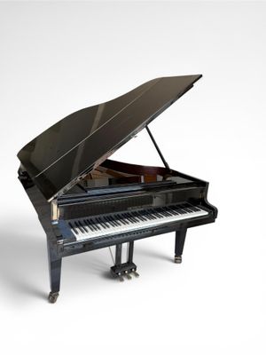 un piano noir posé sur une surface blanche