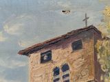 an oil painting of a church with a cross on the top of it