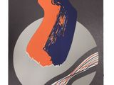 une peinture abstraite aux couleurs orange et bleue sur fond noir