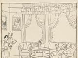 dessin représentant un homme dans un salon, en compagnie d'une femme assise sur un canapé