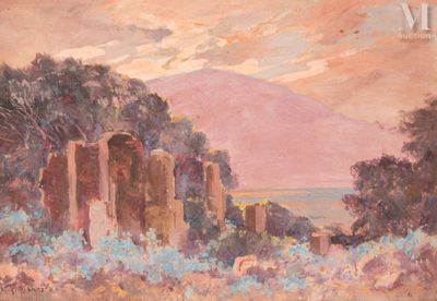 une peinture à l'huile d'un paysage avec une montagne en arrière-plan