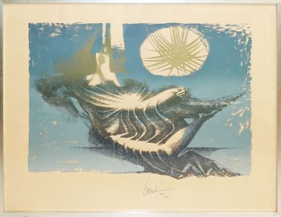 tableau représentant une femme assise sur un bateau, un parasol à la main
