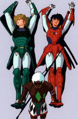 Trois personnages de dessin animé se tiennent côte à côte, les bras levés.