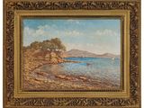 a painting of a beach scene with a boat in the water