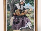an oil painting of a woman sitting under a tree holding a basket