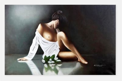 tableau représentant une femme assise par terre, une fleur à la main