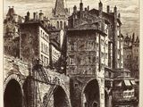 a picture of a drawing of a city by the water