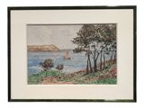 painting of a boat in a body of water with trees in the foreground