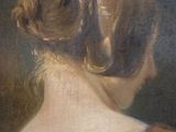 an oil painting of a woman in a brown dress with her hair in a bun