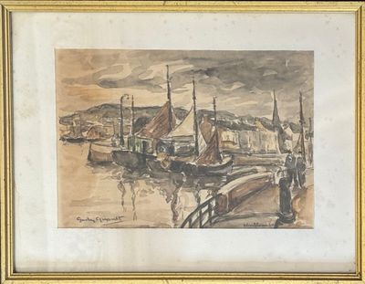 a picture of a watercolor painting of a harbor scene
