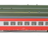a green and red train on the tracks next to a red and white train car