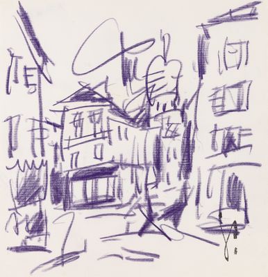dessin à l'encre violette représentant une scène de rue avec des bâtiments et une personne tenant un parapluie