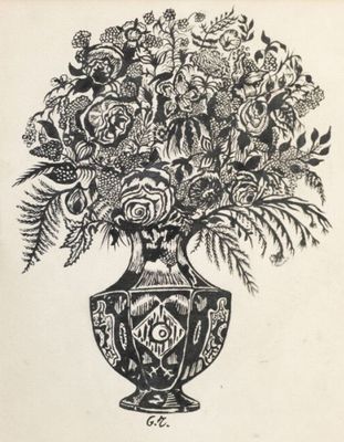 drawing of a vase filled with flowers on top of a table