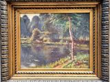 an image of a painting of a river with trees in the background