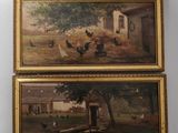 tableau représentant une scène de vie à la ferme avec des poulets dans une grange