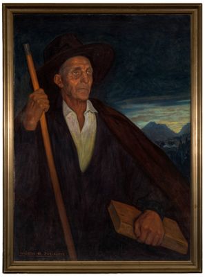 une peinture à l'huile représentant un homme tenant un bâton et un livre