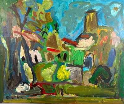 une peinture à l'huile représentant un tableau d'une maison verte au toit rouge