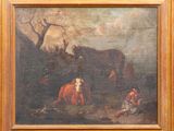 une peinture à l'huile représentant des chevaux et des cavaliers dans un paysage boisé