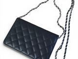 a black purse with a chain on a white background