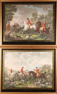 deux tableaux représentant des hommes à cheval et des chiens dans un décor boisé