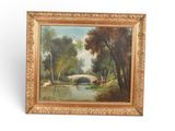 une peinture à l'huile représentant un pont enjambant une rivière, entouré d'arbres