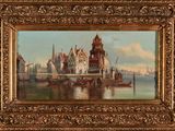 tableau représentant une vue de ville avec des bateaux sur l'eau