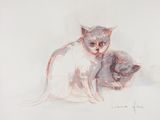 tableau représentant deux chats assis sur une surface blanche ; l'un est gris et l'autre est blanc