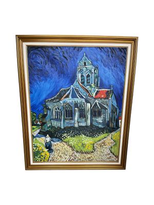 painting of a church with a red roof and steeple on a hill