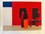 an image of a painting of two people standing in front of a red building