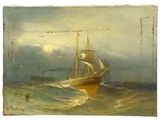 une vieille peinture représentant un navire en mer, arborant un drapeau