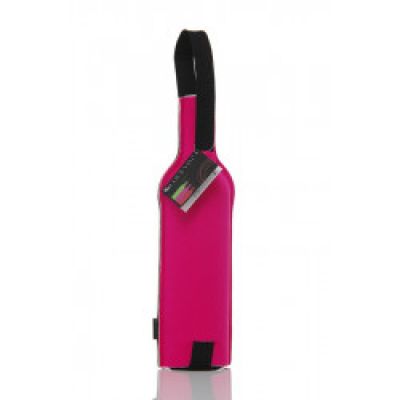 pink wine bottle with a black strap on a white background