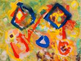 peinture abstraite composée de formes et de couleurs variées sur un fond jaune