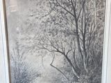painting of a river scene with rocks and trees in a white frame