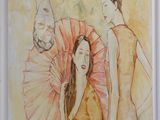 painting of two women with a fan and a man in the background
