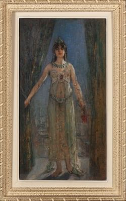 une image d'un tableau représentant une femme debout devant une fenêtre