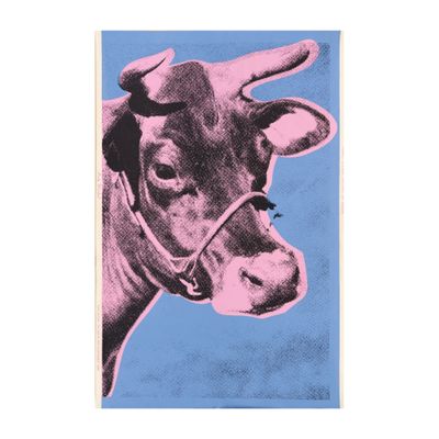 pink and blue cow on blue background, pop art print by andy schoeck