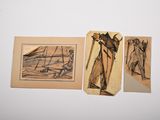 several drawings of people are hanging on a wall in a room