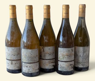 six bottles of wine are lined up on a white surface