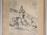 drawing of a church in a snowy landscape with a mountain in the background