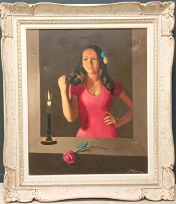 Marc REBIERRE (né en 1934). " Femme à la rose et bougie atte…